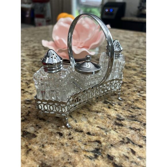 Vintage Salt & Pepper Shakers Mustard Caddy Cruet 4 Pc Silver Glass Elegant - Picture 6 of 15
